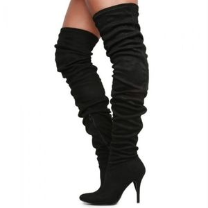 Monet-23V Black Suede Rouched Thigh High Heel Boot